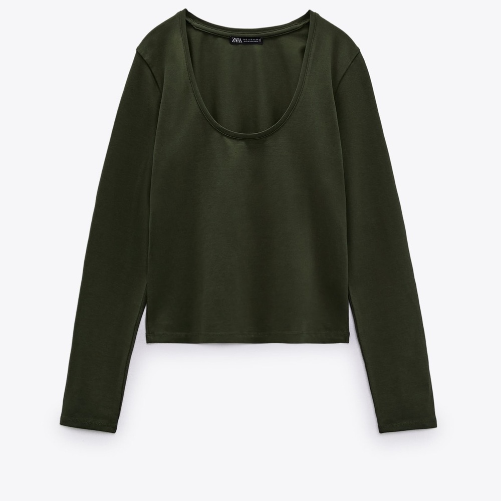 🤍 ZARA Basic Olive Green Stretch Long Sleeve Top
